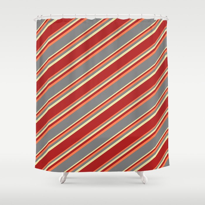 Coral, Grey, Pale Goldenrod, and Red Colored Striped Pattern Shower Curtain