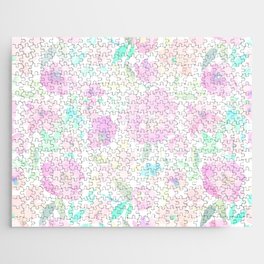Watercolor aqua pink coral turquoise lilac flowers Jigsaw Puzzle