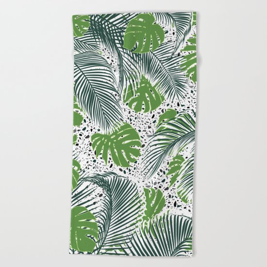 Green tropical leaves on terrazzo pattern Beach Towel