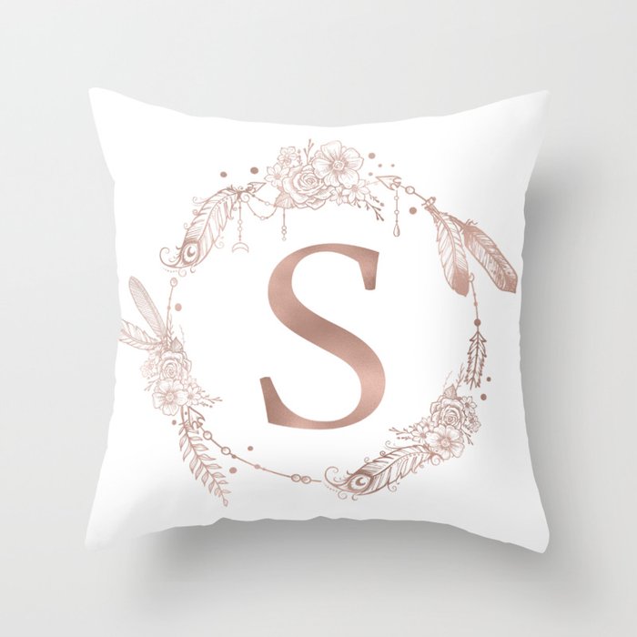 Letter S Rose Gold Pink Initial Monogram Throw Pillow