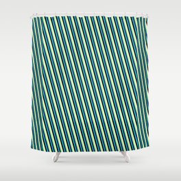 [ Thumbnail: Green, Midnight Blue, Light Sea Green, Black & Light Yellow Colored Lined/Striped Pattern Shower Curtain ]
