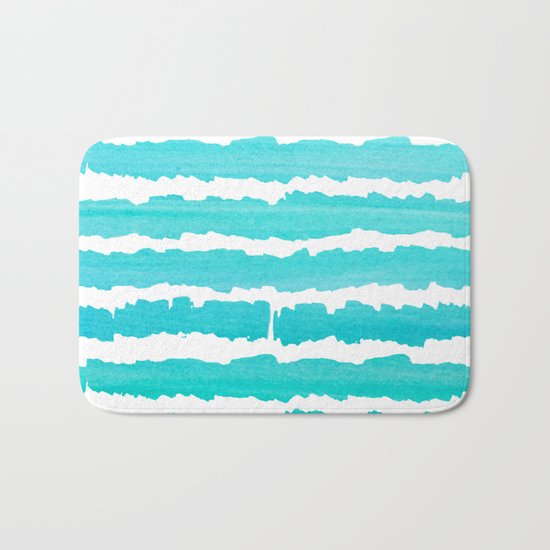 Maritime pattern- aqua handpainted stripes on clear white- horizontal Bath Mat