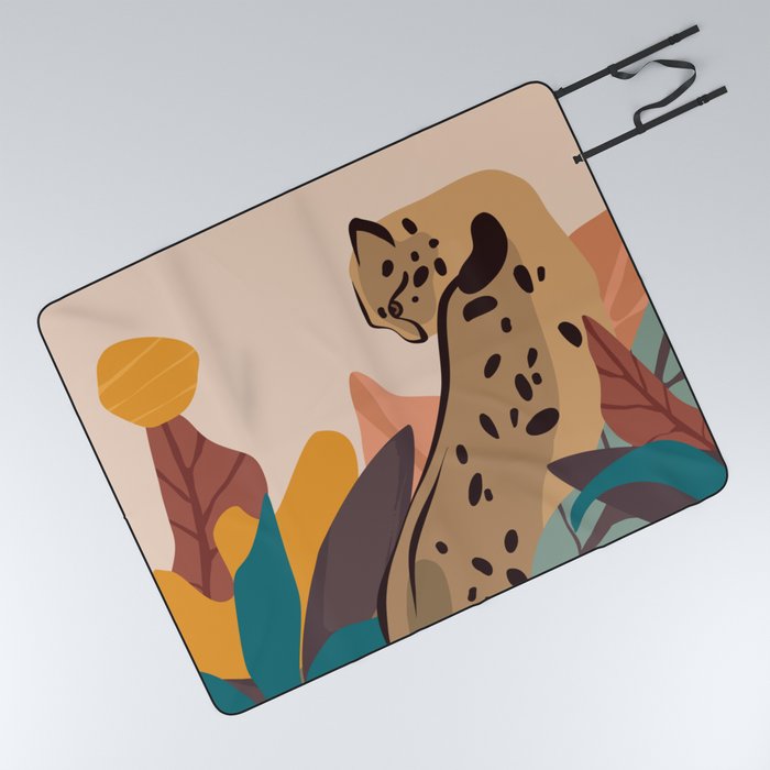 Jungle Leopard with Tropical Leaves in Earthy Colors Picnic Blanket