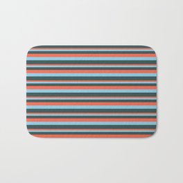 [ Thumbnail: Red, Sky Blue, and Dark Slate Gray Colored Pattern of Stripes Bath Mat ]