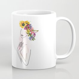 Minimal Line Art Drawing Beautiful Girl With Summer Watercolor Flowers Hair Coffee Mug