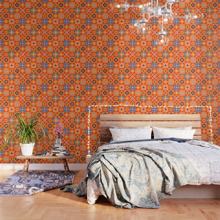 GEOMETRIC CIRCLE CHECKERBOARD TILES in SOUTHWESTERN DESERT COLORS CORAL ORANGE PINK TEAL BLUE Wallpaper