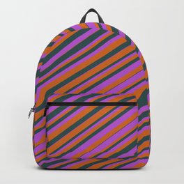 [ Thumbnail: Chocolate, Dark Slate Gray, and Orchid Colored Striped Pattern Backpack ]