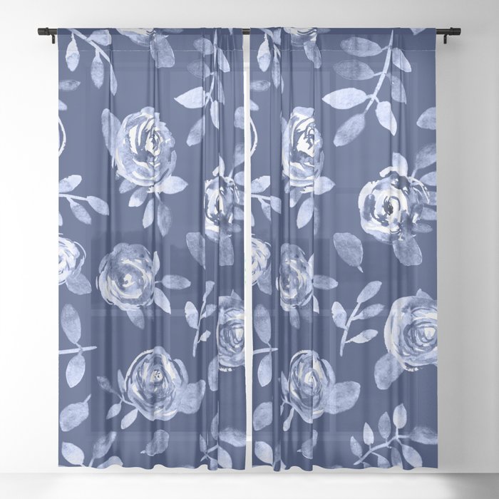 Hand Painted Navy Blue White Watercolor, Patterned Sheer Curtains Nz