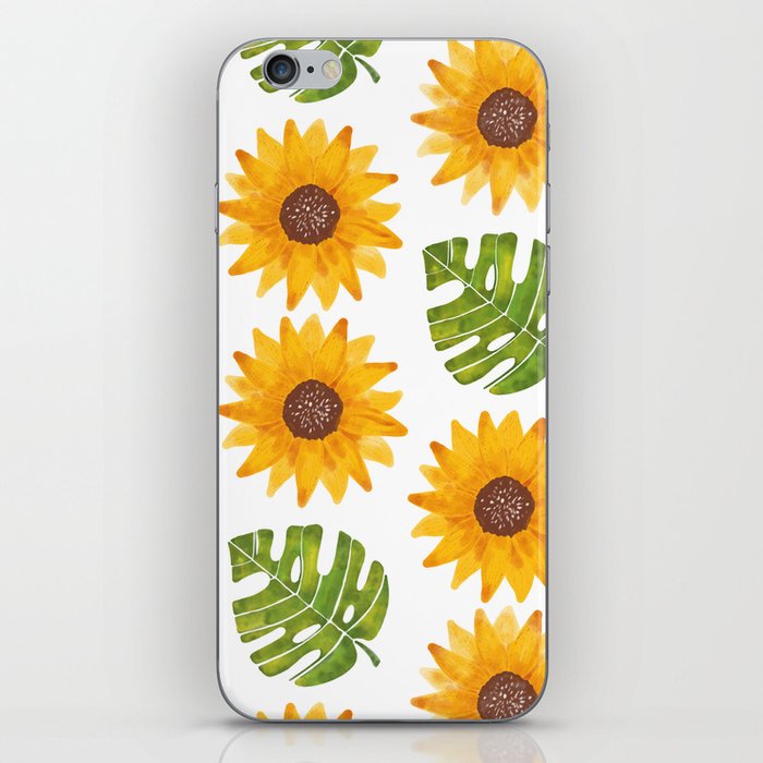 Sunflowers and Monstera Leaf Pattern iPhone Skin