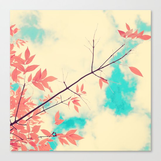 Pink fall leafs on retro vintage sky Canvas Print