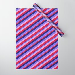 [ Thumbnail: Midnight Blue, Medium Slate Blue, Plum & Crimson Colored Stripes/Lines Pattern Wrapping Paper ]