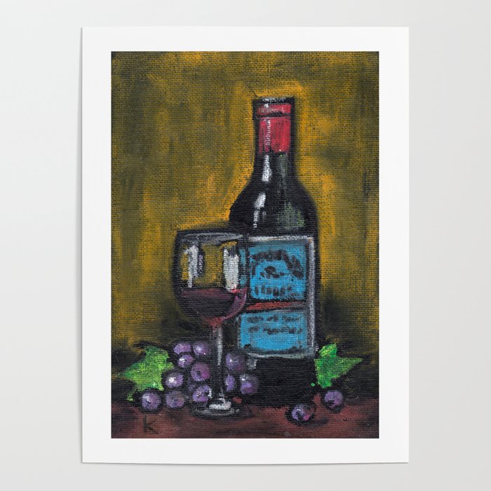 Wine Glass, Grapes and Wine Bottle with Blue Label Poster by KOverbeck