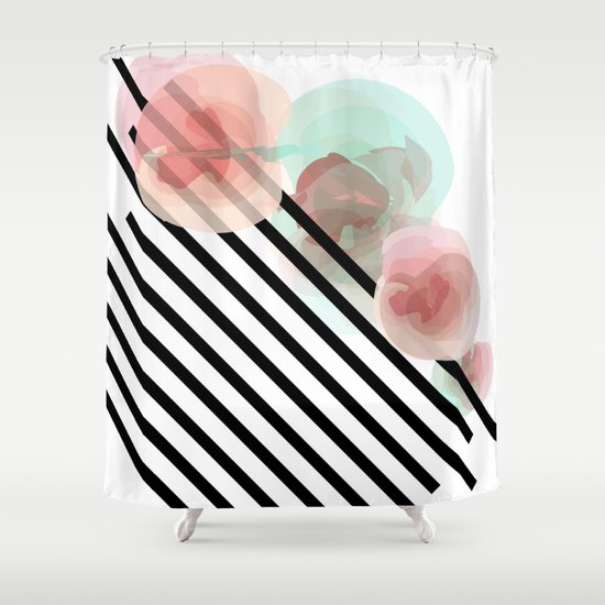 Watercolor Floral with Stripes Shower Curtain