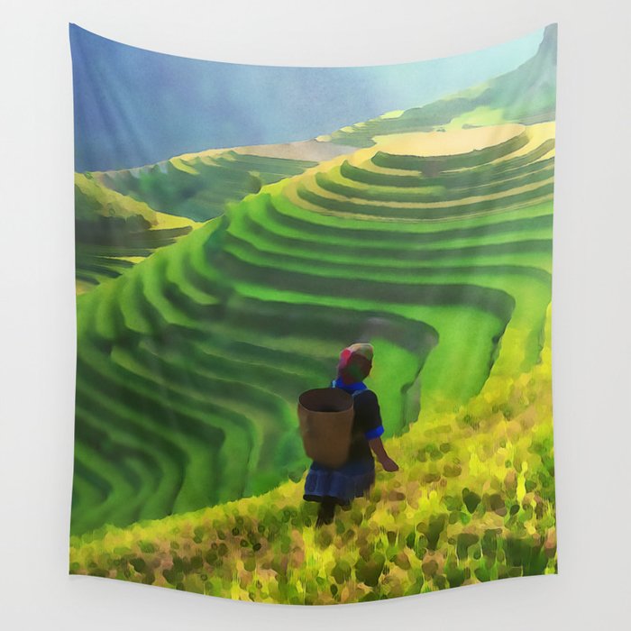 Hillside Harvest Terraced Agriculture In China Watercolor
