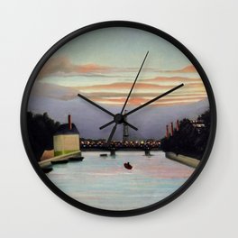 Sunset and Neon Lights at the The Eiffel Tower, Paris, France by Henri Rousseau Wall Clock