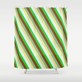 [ Thumbnail: Dark Sea Green, Tan, Light Cyan, Lime Green, and Brown Colored Pattern of Stripes Shower Curtain ]