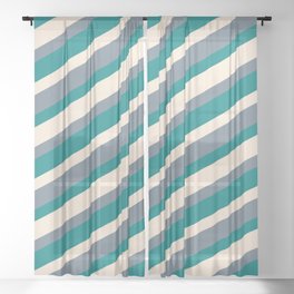 [ Thumbnail: Beige, Slate Gray, and Teal Colored Lined/Striped Pattern Sheer Curtain ]