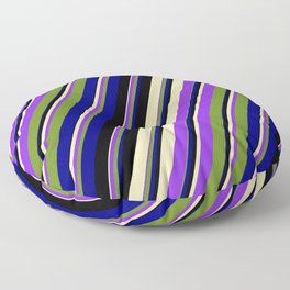 [ Thumbnail: Colorful Black, Beige, Purple, Green, and Blue Colored Pattern of Stripes Floor Pillow ]
