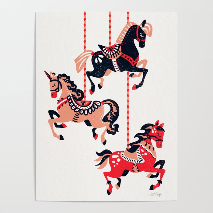 Carousel Horses – Red & Black Palette Poster