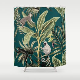 Tropical vintage banana trees, plants, palm leaves, lemur, monkey floral seamless pattern green background. Exotic jungle wallpaper.  Shower Curtain