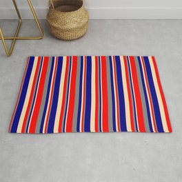 [ Thumbnail: Tan, Blue, Gray & Red Colored Lines/Stripes Pattern Rug ]