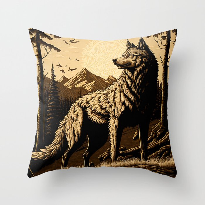 art deco style paint with a young wolf Throw Pillow