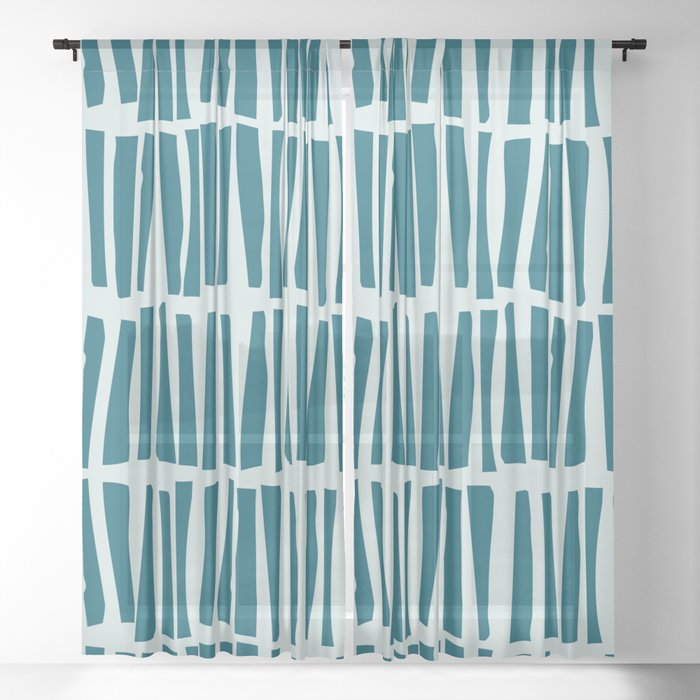Pale Blue Vertical Dash Stripe Line Pattern on Tropical Dark Teal Inspired by Sherwin Williams 2020 Trending Color Oceanside SW6496 Sheer Curtain