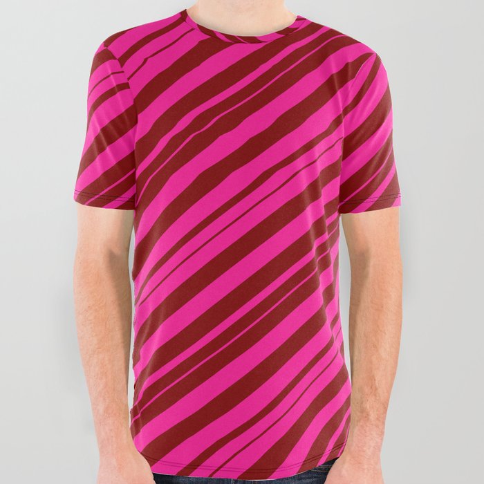 Deep Pink and Maroon Colored Stripes/Lines Pattern All Over Graphic Tee