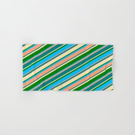 [ Thumbnail: Colorful Light Salmon, Teal, Beige, Green & Deep Sky Blue Colored Lined Pattern Hand & Bath Towel ]