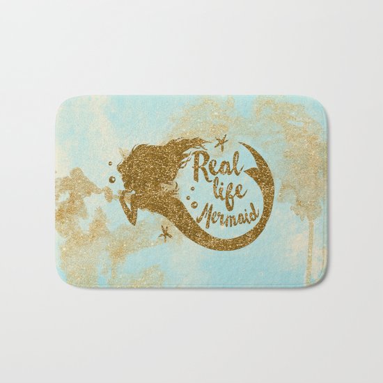 Real life Mermaid - Gold glitter lettering on aqua glittering background Bath Mat
