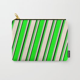 [ Thumbnail: Lime, Dark Sea Green, Beige & Black Colored Lined Pattern Carry-All Pouch ]
