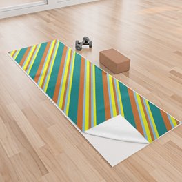 [ Thumbnail: Yellow, Light Sky Blue, Chocolate & Teal Colored Pattern of Stripes Yoga Towel ]