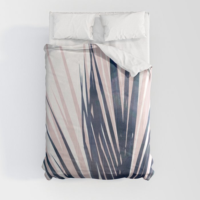 Contemporary Palm Leaf in Navy Blue and Blush Pink Comforter