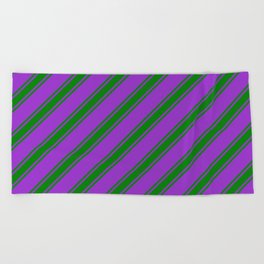 [ Thumbnail: Dark Orchid and Green Colored Striped Pattern Beach Towel ]