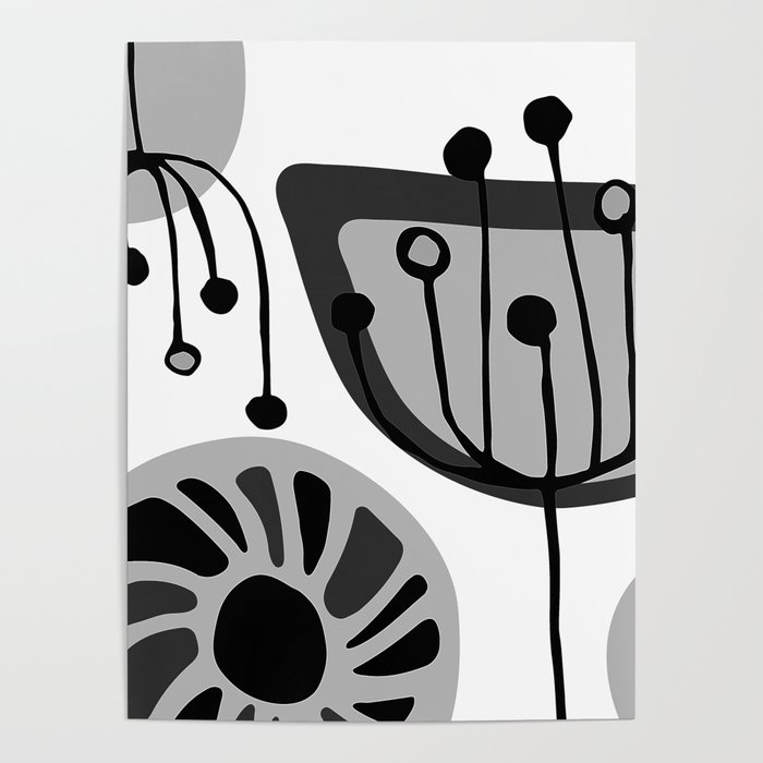 MidCentury Modern Black And White Abstract Floral Poster by DEC02