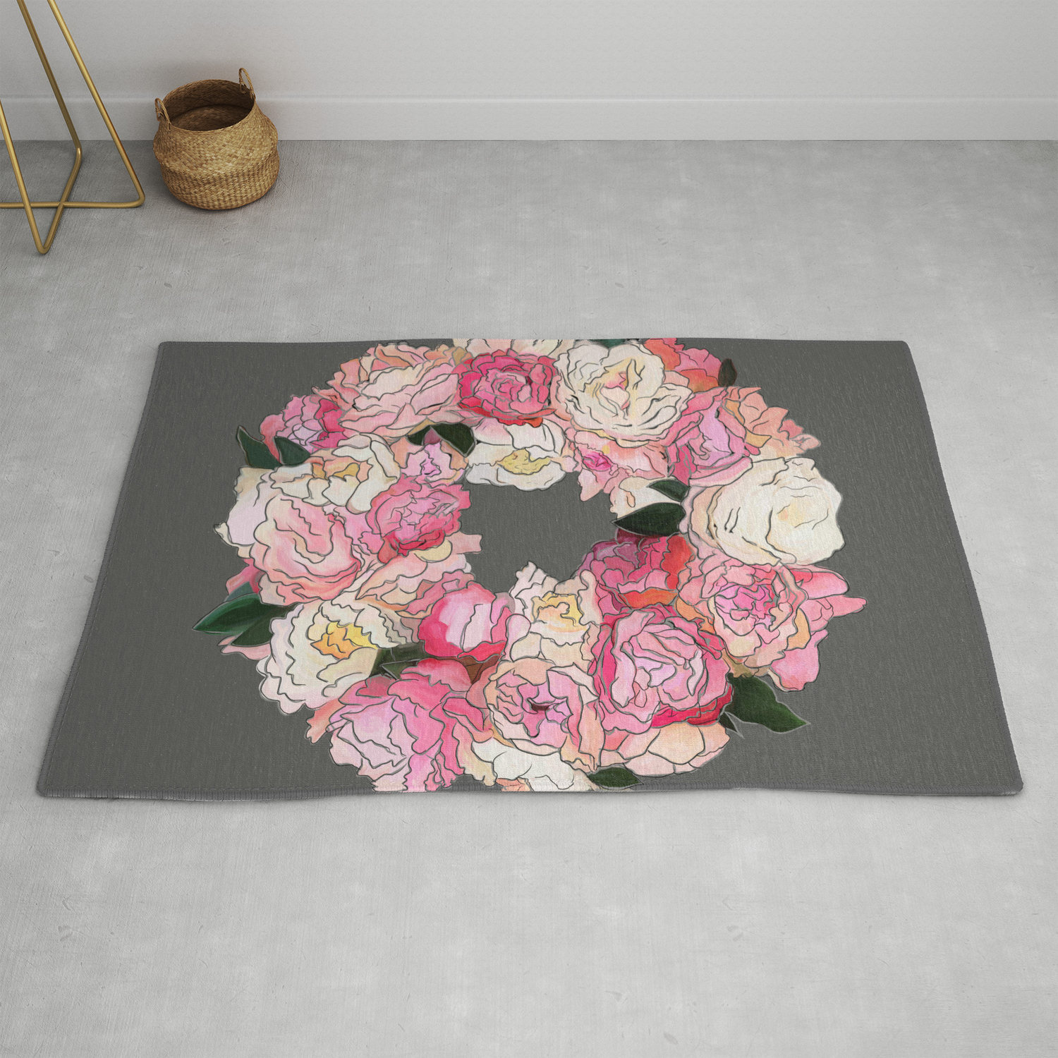 Peony Wreath Painting Dab Grey Feng Shui Rug By Dakinisa Society6