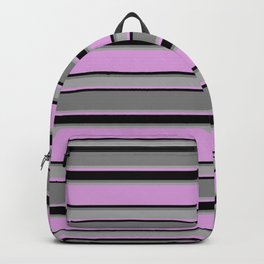 [ Thumbnail: Plum, Black, Gray, and Dark Grey Colored Striped/Lined Pattern Backpack ]