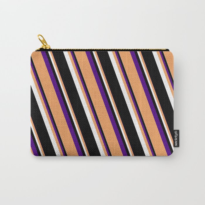 Indigo, Brown, White & Black Colored Striped Pattern Carry-All Pouch