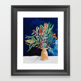 Yellow and Red Australian Wildflower Bouquet in Pottery Vase on Navy, Original Still Life Painting Framed Art Print