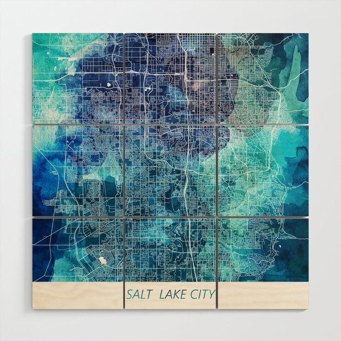 Salt Lake City Utah Map Navy Blue Turquoise Watercolor USA States Map Wood Wall Art