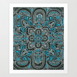 White turquoise symmetrical mandala line pattern Art Print