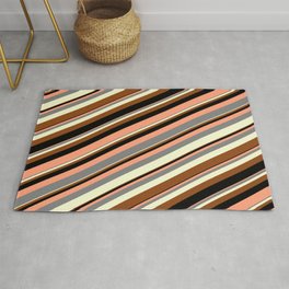 [ Thumbnail: Colorful Light Salmon, Grey, Light Yellow, Brown, and Black Colored Stripes Pattern Rug ]