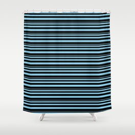[ Thumbnail: Sky Blue & Black Colored Striped Pattern Shower Curtain ]