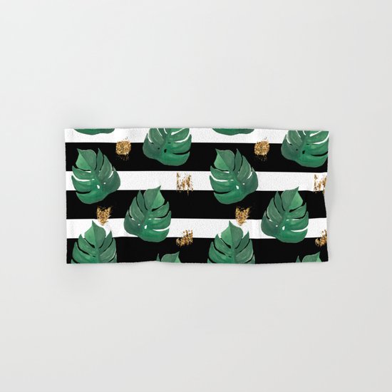 Seamless tropical leaves pattern on stripes background. Greens leaves of exotic monstera plant. Retr Hand & Bath Towel