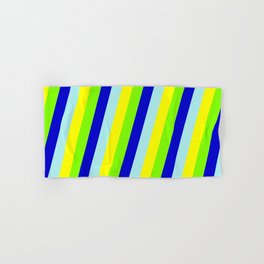 [ Thumbnail: Chartreuse, Blue, Turquoise & Yellow Colored Striped Pattern Hand & Bath Towel ]