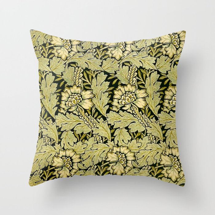 William Morris Anemone Green Leaves and Flowers Throw Pillow