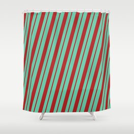 [ Thumbnail: Aquamarine & Red Colored Striped Pattern Shower Curtain ]