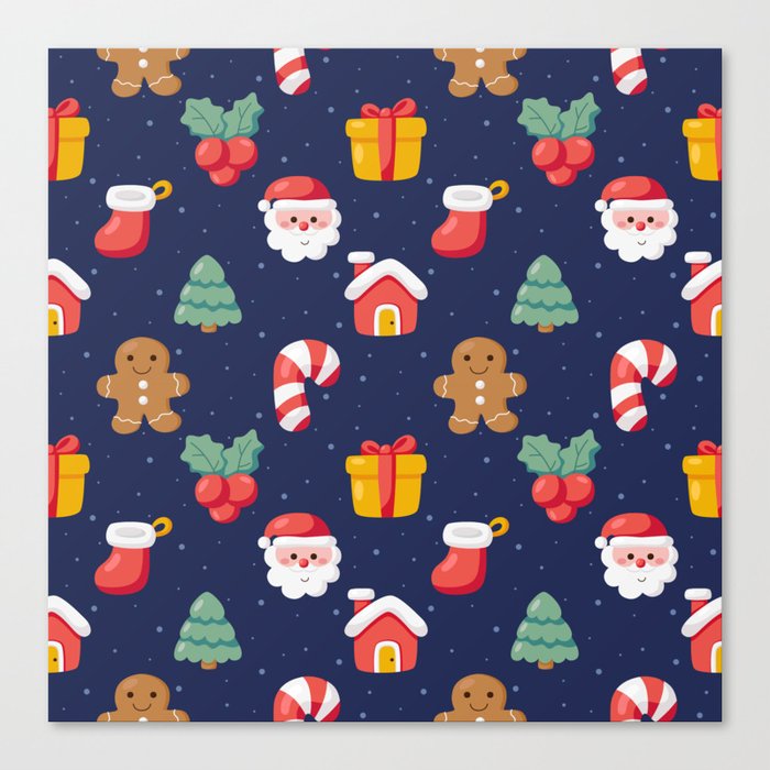 Christmas Seamless Pattern with Flat Elements on Blue Background Canvas Print
