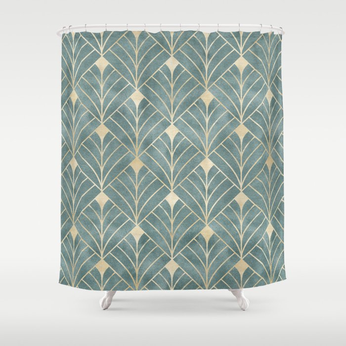 Art Deco Diamonds in Teal and Gold Shower Curtain by Megan Morris