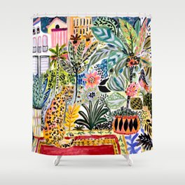 Karen Fields Tiger in the City Shower Curtain | Leopardart, Animal, Cat, Bohemian, Wildcat, Exotic, Fun, Jungle, Painting, Illustration 